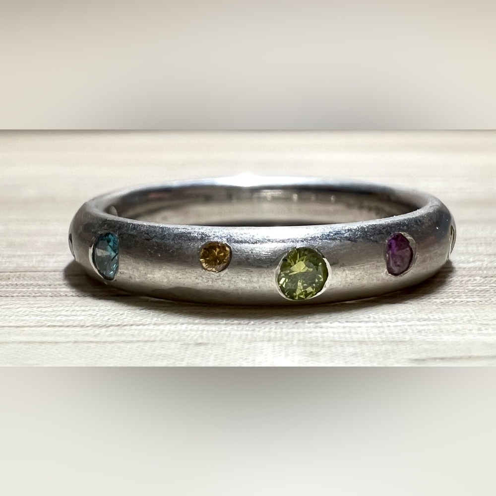 Vintage Designer Signed Flush Set Multi-Colored Gemstone Platinum Ring, Size 6.5 - Picture 1 of 13